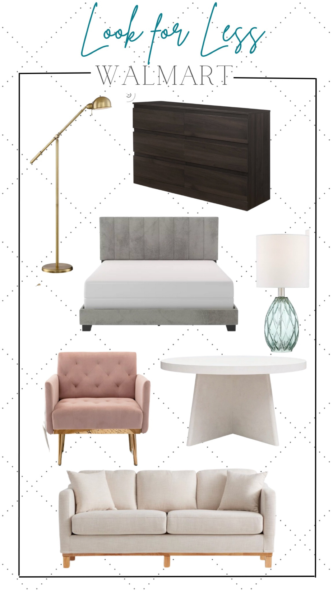 Walmart home 
Upholstered bed 
Dressers
Coffee table 
Floor lamp brass 
Arm chair 
Table lamp 
Sofa 

#LTKhome #LTKstyletip #LTKsalealert