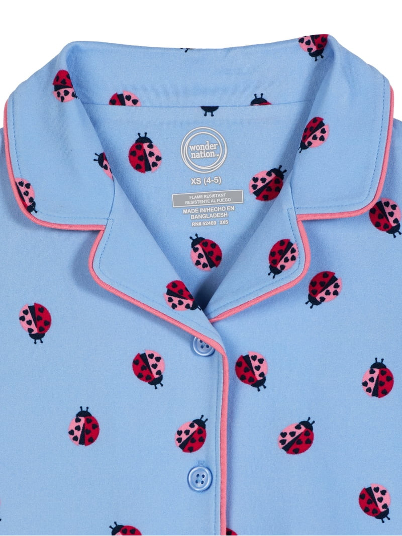 Wonder Nation Girls Short Sleeve Button Front Pajama Top and Pants Set with Eyemask, 3-Piece, Siz... | Walmart (US)