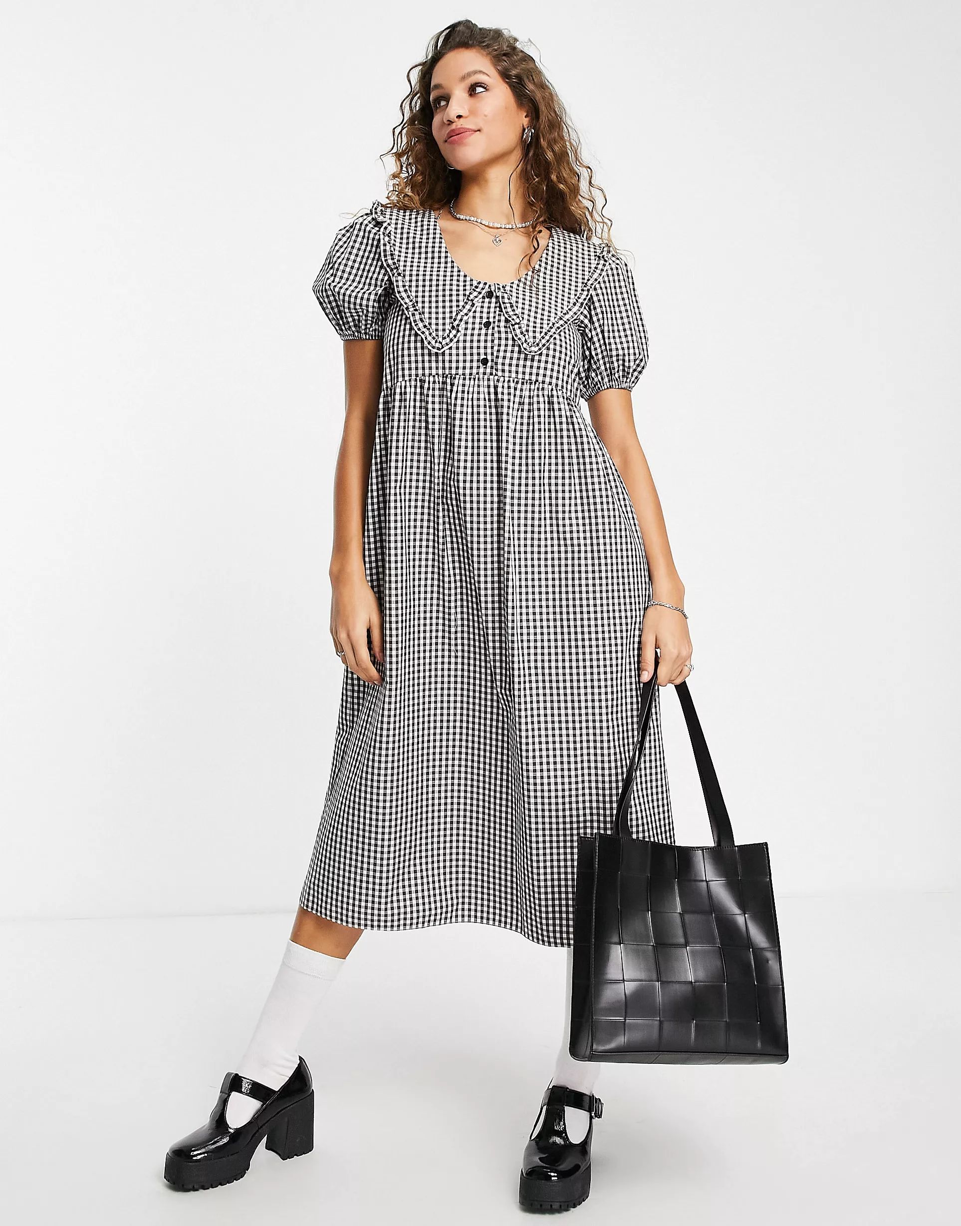 Topshop collar gingham midi dress in mono | ASOS (Global)