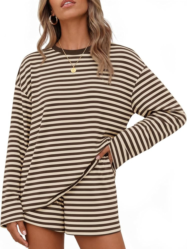 ZESICA Womens 2 Piece Striped Short Sets Fall Lounge Outfit | Amazon (US)