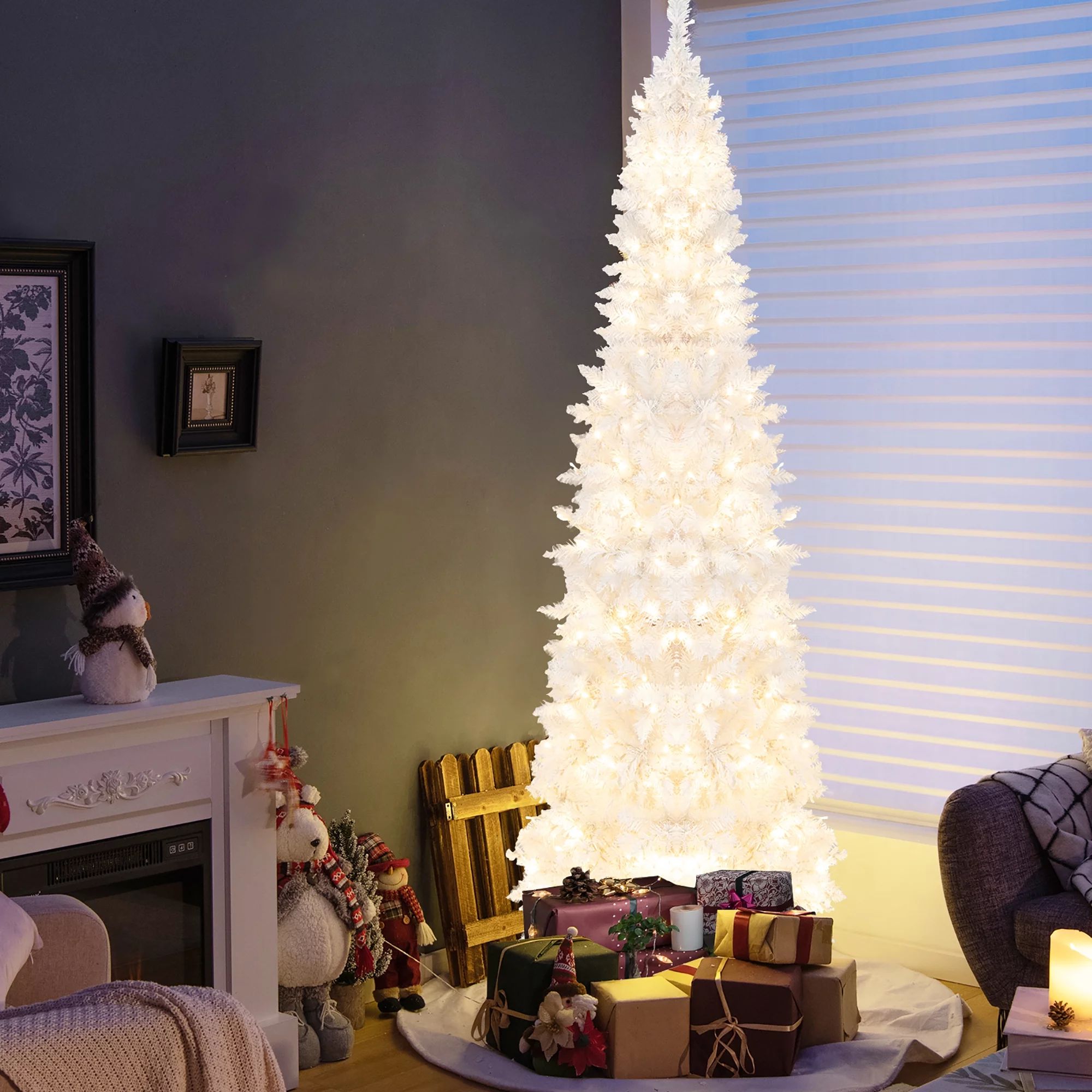 Costway 7FT Pre-Lit Hinged Pencil Christmas Tree White w/ 300 LED Lights & 8 Flash Modes - Walmar... | Walmart (US)