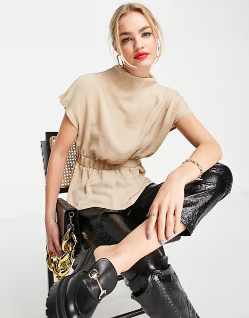 ASOS DESIGN drape high neck top with elastic waist and peplum hem in carmel | ASOS (Global)