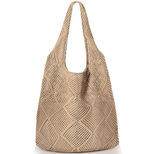 TOBEHIGHER Beach Bags for Women - Beach Bag Beach Tote Bag, Woven hollow Summer Bag, Aesthetic Crochet Tote Bag for Women for Holiday, Khaki | Amazon (US)