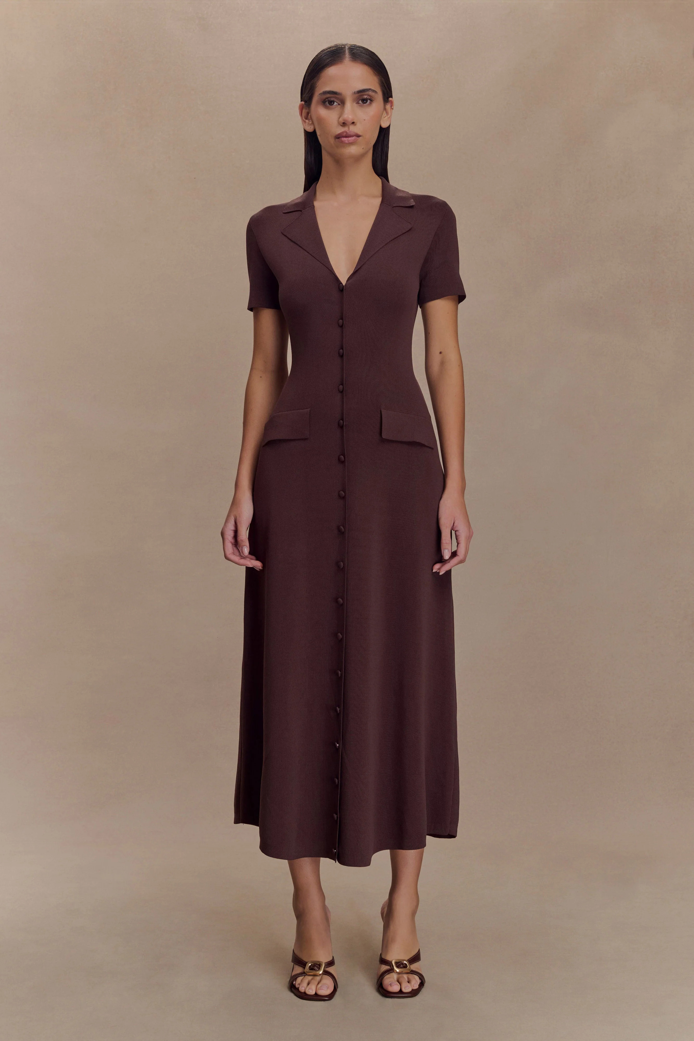 Pearson Short Sleeve Knit Midi Dress - Chocolate | Meshki (APAC)