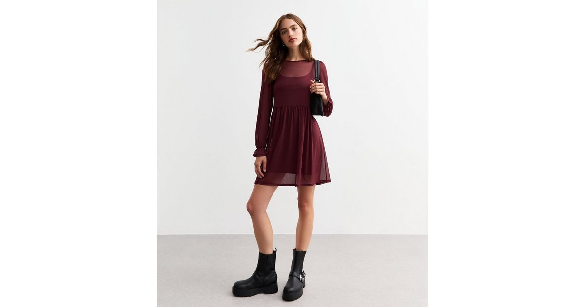 Burgundy Mesh Long Sleeve Mini Smock Dress | New Look | New Look (UK)