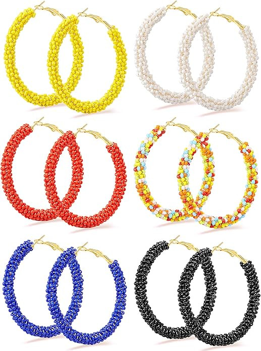 6 Pairs Beaded Hoop Earrings Bohemian Circle Round Earrings Handmade Chic Dangle Earrings for Wom... | Amazon (US)