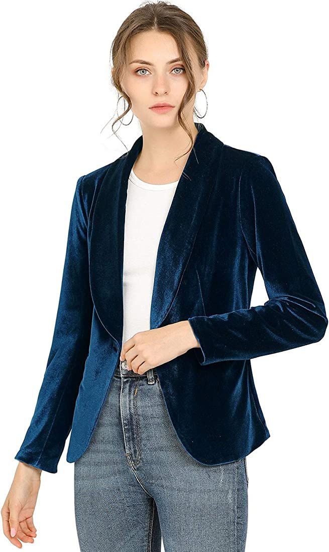 Allegra K Women's Office Coat Solid Shawl Collar 1 Button Velvet Blazer | Amazon (US)