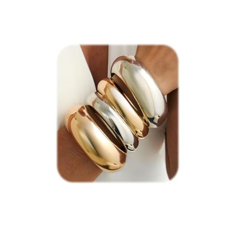 ZMJK Gold Chunky Bangle Bracelets for Women Exaggerate Thick Wide Stackable Bracelet Set Trendy Shiny Silver Wrist Cuff Statement Big Bangle Minimalist Jewelry Accessories, One Size, Alloy Steel, no | Amazon (CA)