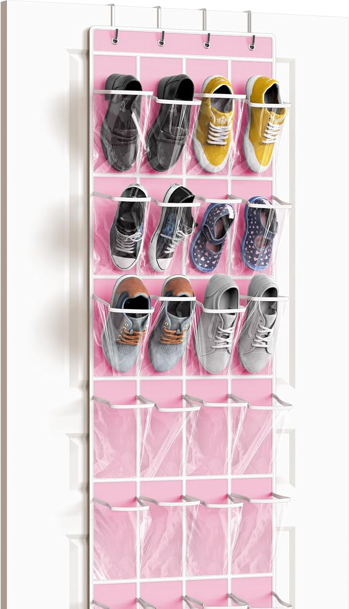 Simple Houseware 24 Pockets - Crystal Clear Over The Door Hanging Shoe Organizer, Pink (64'' x 19... | Amazon (US)