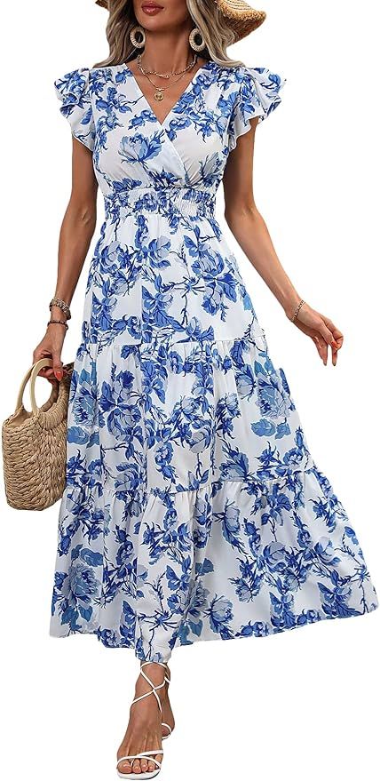 Milumia Summer Flowy Bohemian Dresses for Women 2023 Boho Floral V Neck Ruffle Hem Maxi Dress | Amazon (US)