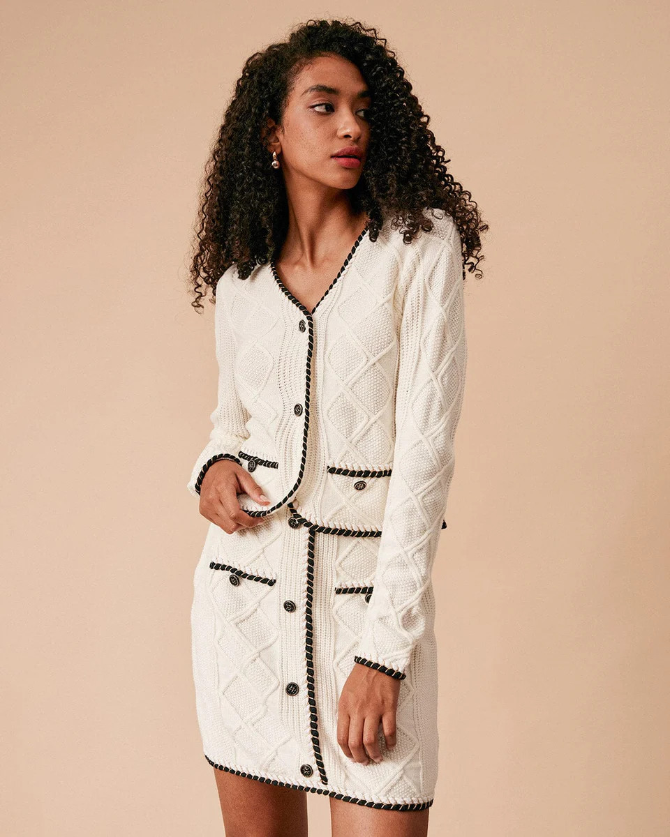 The Contrast Trim Argyle Knit Cardigan & Reviews - White - Tops | RIHOAS | rihoas.com