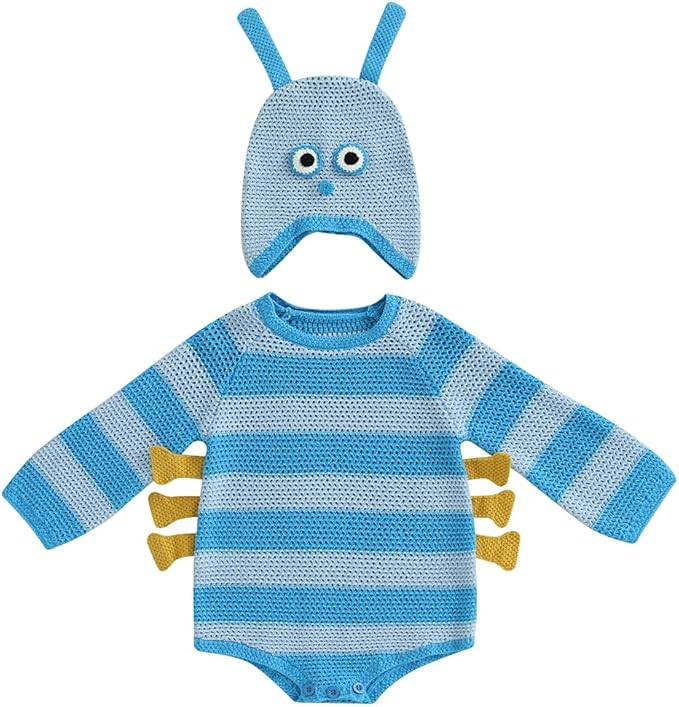 Infant Baby Boys Girls Halloween Hungry Caterpillar Costume Crochet Knit Bodysuit Romper with Hat... | Amazon (US)