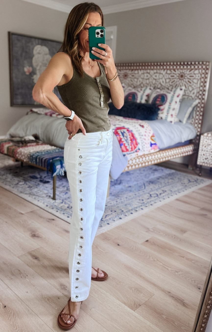 It’s the grommet detail for me 👏 These jeans feel like a fresh update to classic white denim, and I love how they add just enough personality to an otherwise simple outfit.  

 #LTKgrwm #LTKootd #LTKmomlife