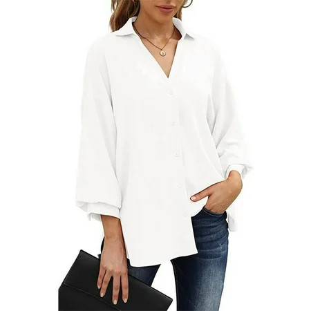 Women Button Down Shirt V Neck Pure Color Three Quarter Puff Sleeve Button Down V Neck Shirt for Women White S | Walmart (US)