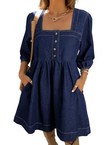 Sidefeel Women's Spring Outfit Denim Dress 3/4 Sleeve Loose Fit Square Neck Summer Jean Dresses Bluing Medium | Amazon (US)