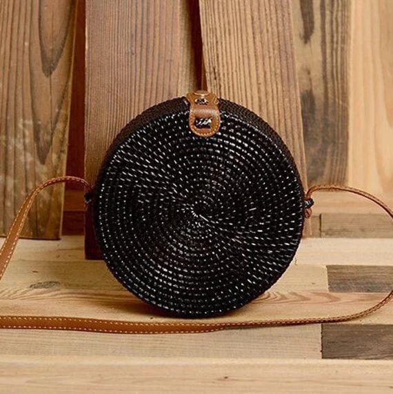 Black Round Rattan Bag Shoulder Leather Straps - Etsy | Etsy (US)