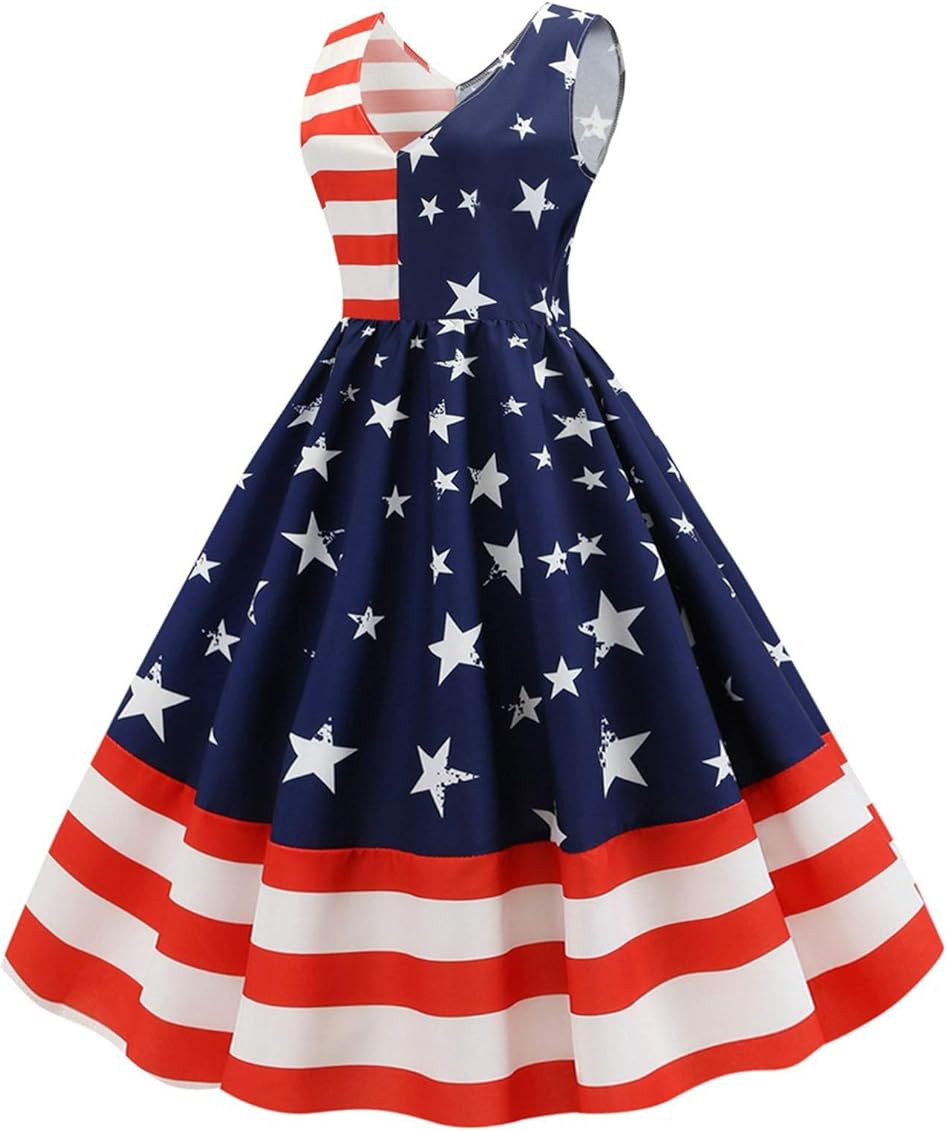 50s Retro Halter Rockabilly Bridesmaid Audrey Dress Cocktail Dress Vintage American Flag Print Sw... | Amazon (US)