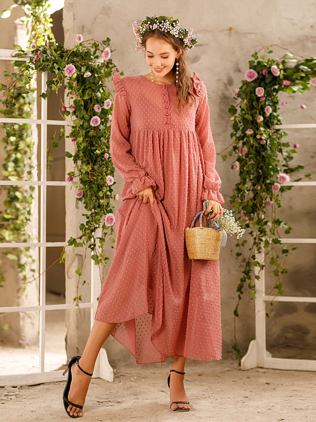 Swiss Dot Ruffle Trim Babydoll Dress | SHEIN