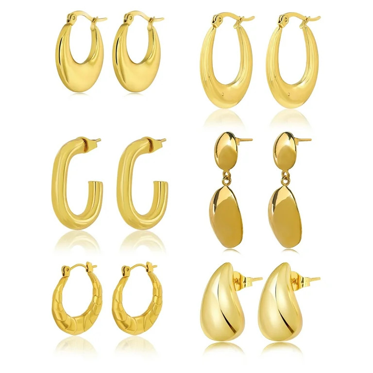 JeenMata 6 Pairs Fashion MultiPack Earrings Set for Women in Yellow Gold Plating, Hoop Earrings, ... | Walmart (US)