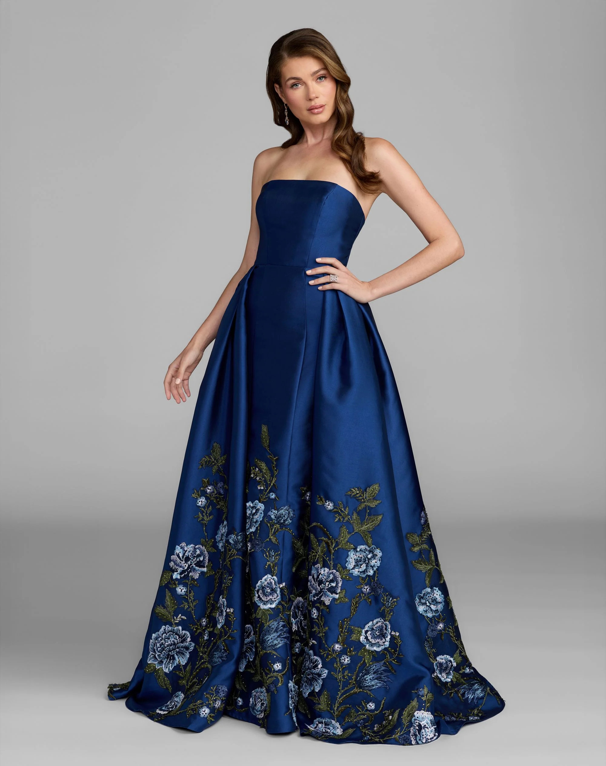 Blue Floral Embroidered Mikado Strapless Ball Gown | Mac Duggal | Mac Duggal