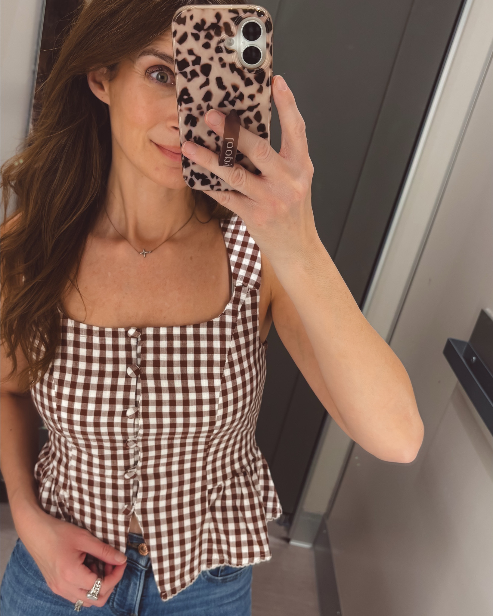New gingham top at Target.

Smocked back, square neckline, button front

This is super cute!! Wearing a small. Straps were slightly big on me. 

Have and love these brown pants in black. Size 2. Wrinkle free cropped pants 


#LTKSeasonal