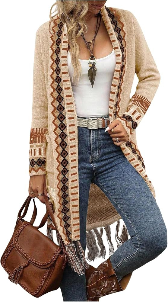 MakeMeChic Women's Boho Long Cardigan Sweaters Fringe Western Sweater | Amazon (US)
