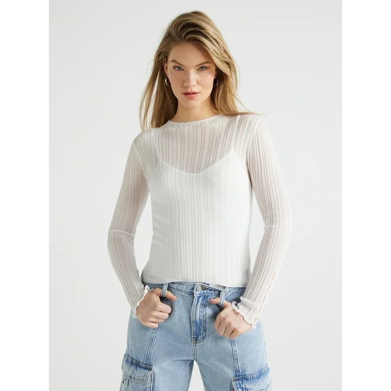 Scoop Women's Sheer Long Sleeve Sweater with Lining, Sizes XS to XXL | Walmart (US)