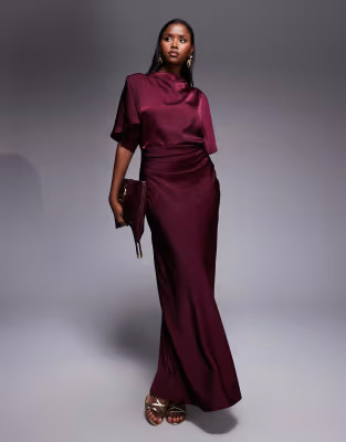 ASOS DESIGN satin high neck blouson maxi dress with flutter sleeve in plum | ASOS (Global)