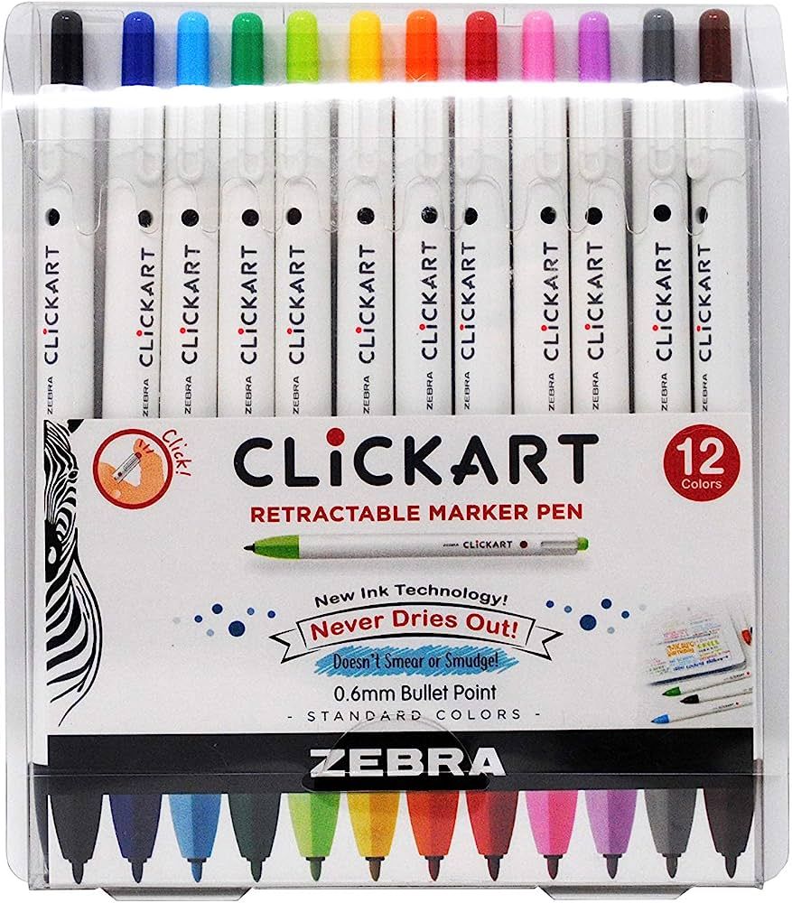 Zebra Pen Click Art Retractable Marker Pen, Fine Point, 0.6mm, Assorted Colors, 12 Pack | Amazon (US)