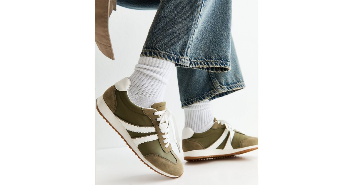Dark Khaki Faux Brushed Leather Panelled Trainers | New Look | New Look (UK)