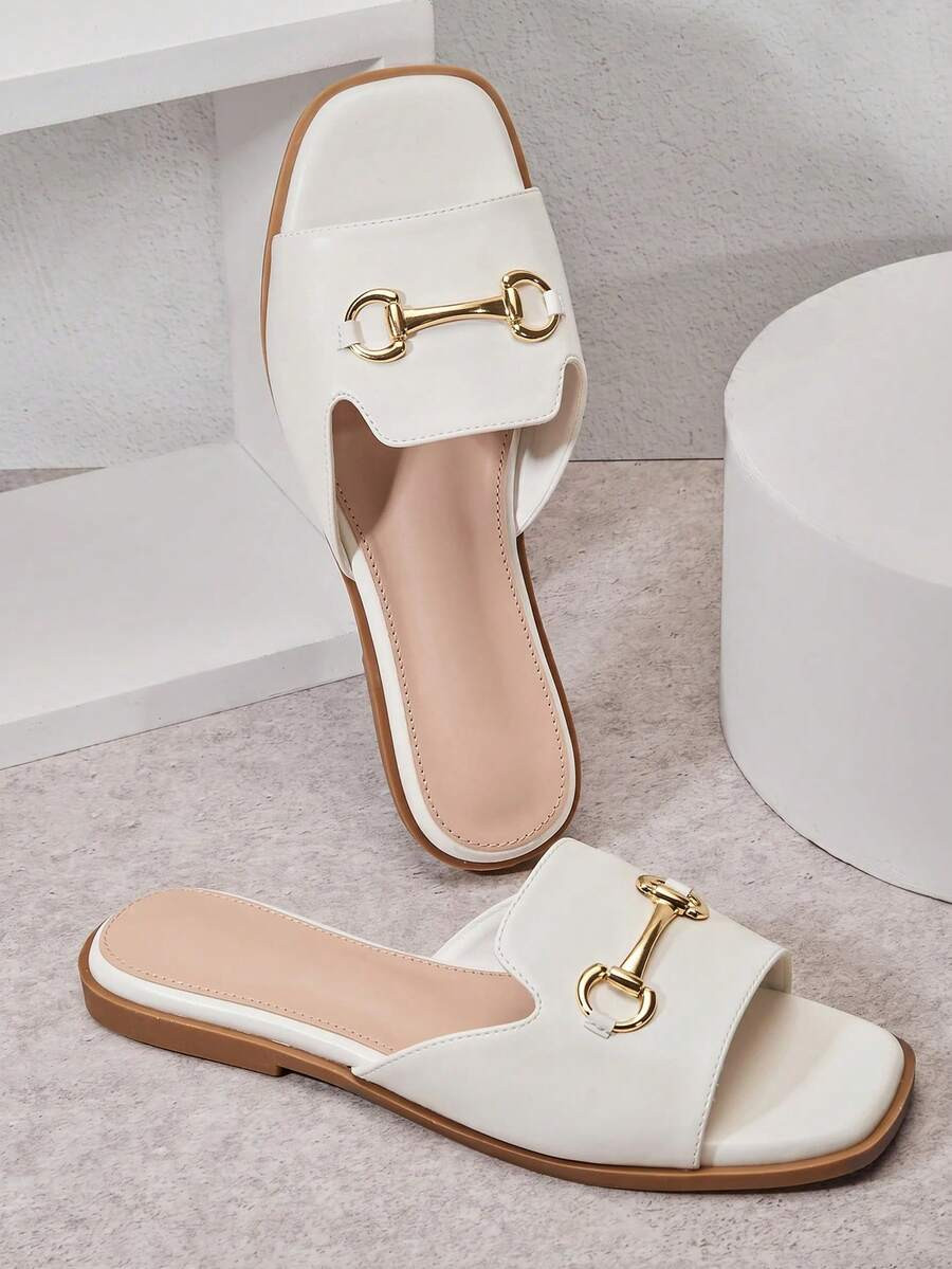 SHUZIA Old Money Women's Gold Horsebit Decor Square Toe Pu White Slides – Classic Heritage Chic... | SHEIN