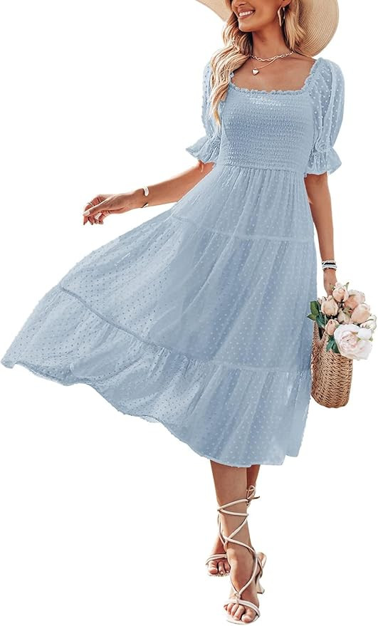 MEROKEETY Women's 2024 Summer Square Neck Puff Sleeve Boho Midi Dress Swiss Dot Ruffle Flowy Tie ... | Amazon (US)