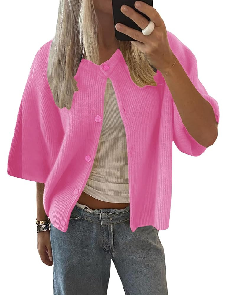 LOMON Womens Spring Summer Short Sleeve Cardigan Sweaters Trendy Crew Neck Button Down Lightweigh... | Amazon (US)