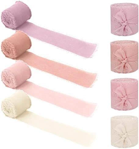 Chris.W 4 Rolls Handmade Fringe Chiffon Frayed Edge Ribbon 1.5" x 5Yd White & Green Ribbons Set f... | Amazon (CA)