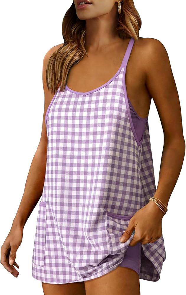 Faleave Women's Summer Sleeveless Mini Dress Gingham Spaghetti Strap Built-in Shorts V Neck Athle... | Amazon (US)