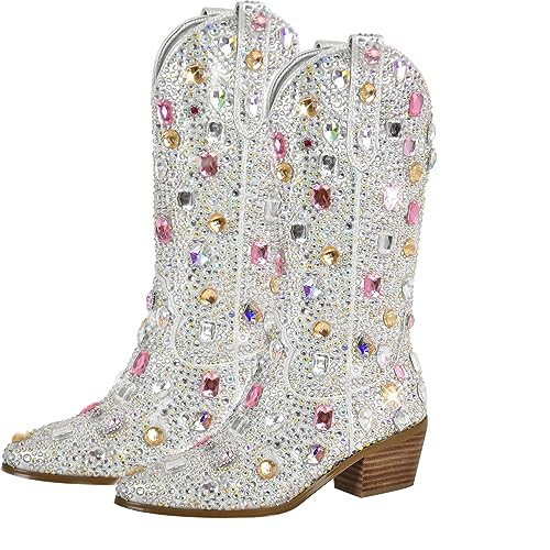 Richealnana Sparkly Gem Rhinestones Calf Mid High Boots for Women Cowboy Cowgirl Boots for Women 2INCH Heeled Pull Tabs Boots Gem Silver Size9.5 | Amazon (US)
