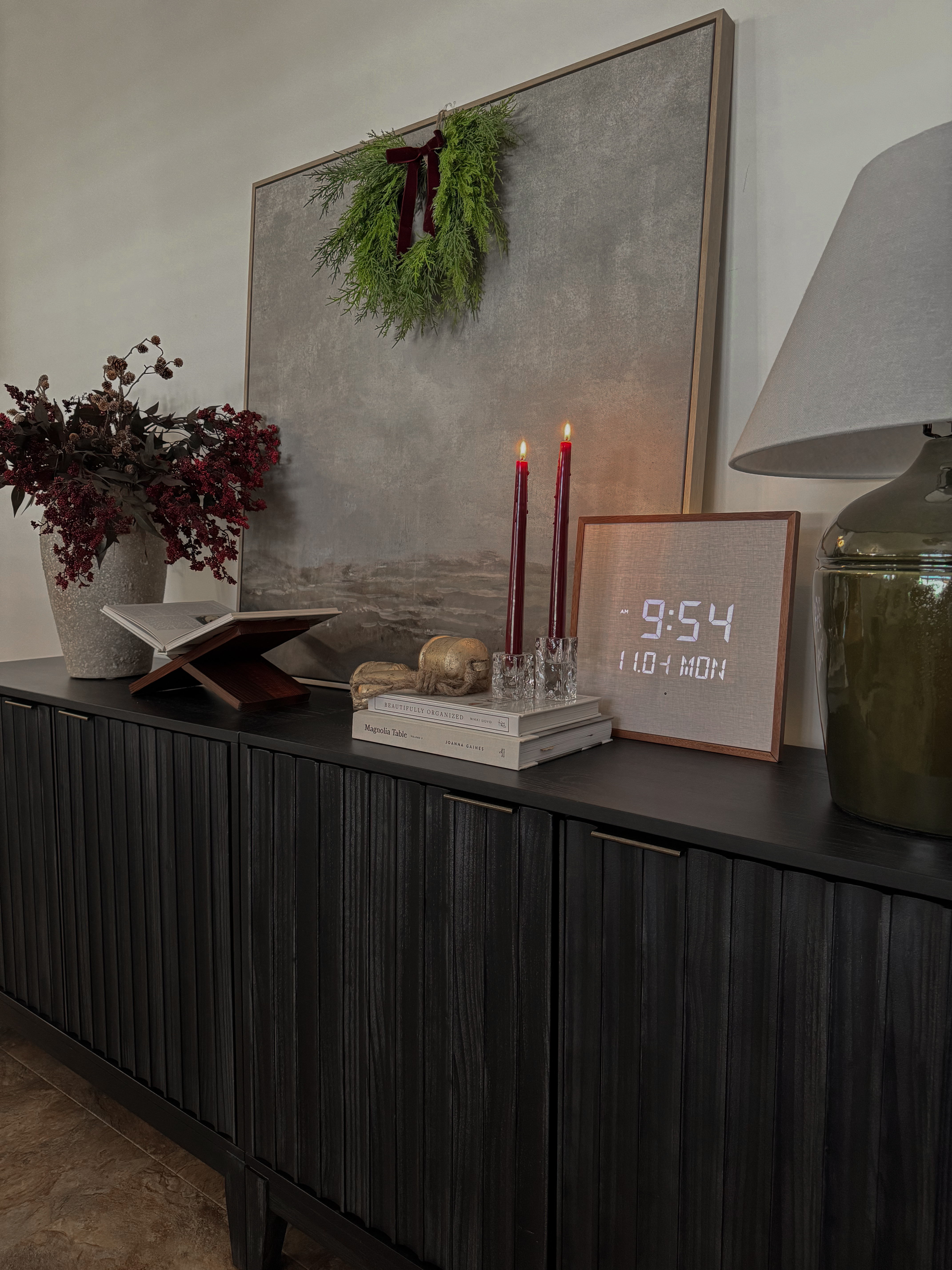 Christmas decor, sideboard decor, Christmas console table, holiday decor, Amazon Christmas decor, target table lamp, digital clock, living room decor 

#LTKHome