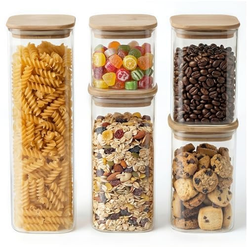 GENICOOK Square Glass Pasta Storage Containers, Set of 5, Pantry Organization & Storage Jars with Bamboo Lids, Stackable Borosilicate Kitchen Canisters for spaghetti, Sugar, Coffee, and Cereal | Amazon (US)