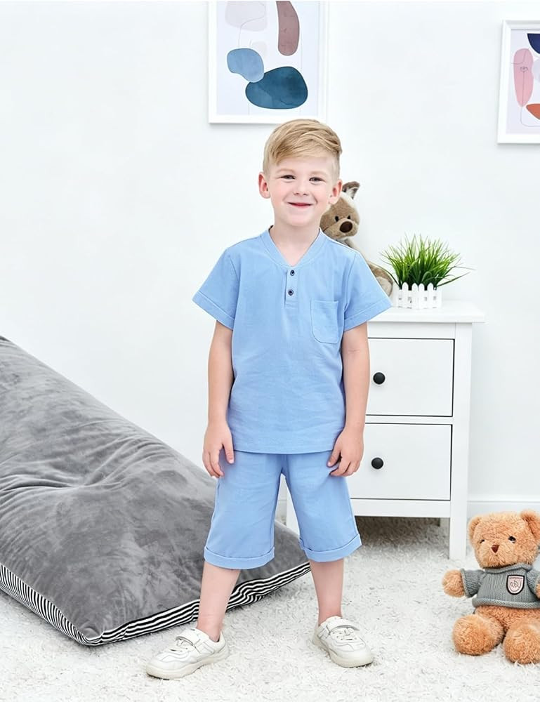 BINIDUCKLING Jungen Henley-Kragen Kurzset L\u00e4ssiges Sommer-2-Teiler-Outfit Baumwoll-Leinen Ki... | Amazon (DE)
