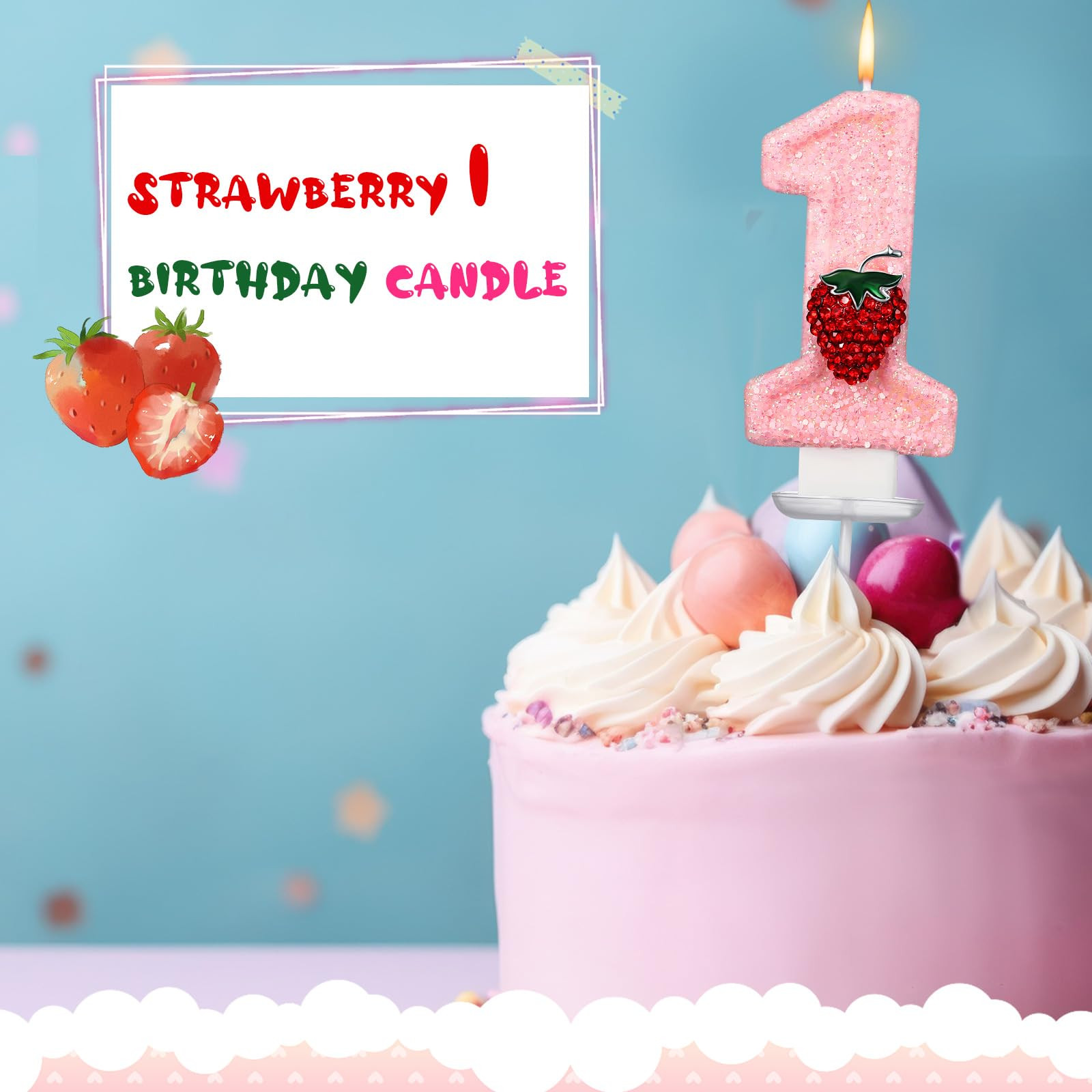 Strawberry 1 Candle for First Birthday Pink Number 1 Candle Berry One Glitter Cake Topper for Str... | Amazon (US)