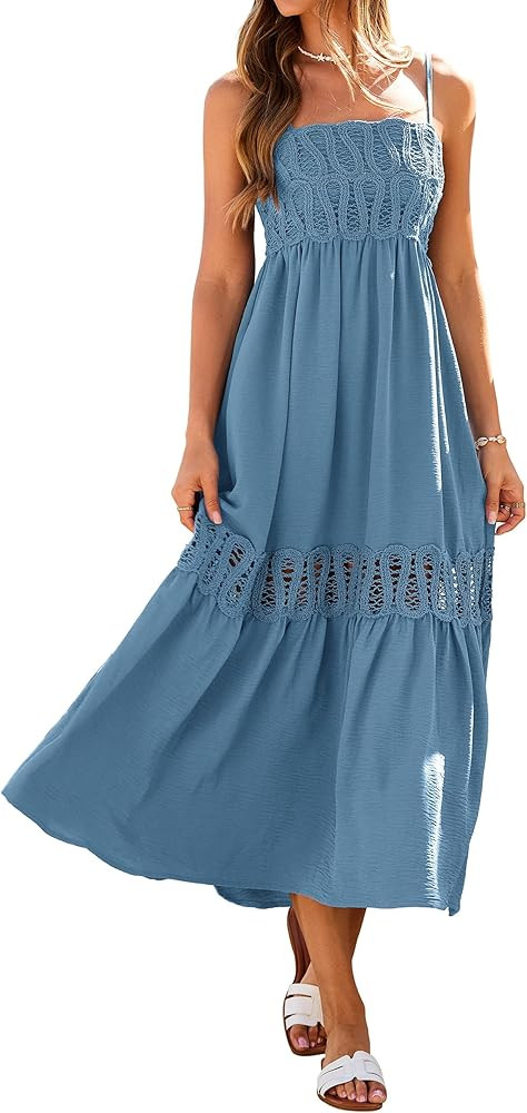 Glamaker Women's Summer Crochet Lace Maxi Dress 2026 Spaghetti Strap Smocked Flowy Beach Vacation... | Amazon (US)