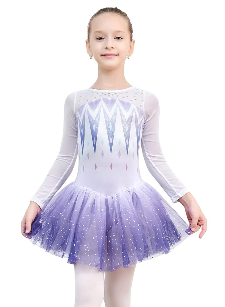 EQSJIU Long Sleeve Dance Leotard for Girls Sparkly Snowflake Ballet Dress Toddler Tutu Skirted Le... | Amazon (US)