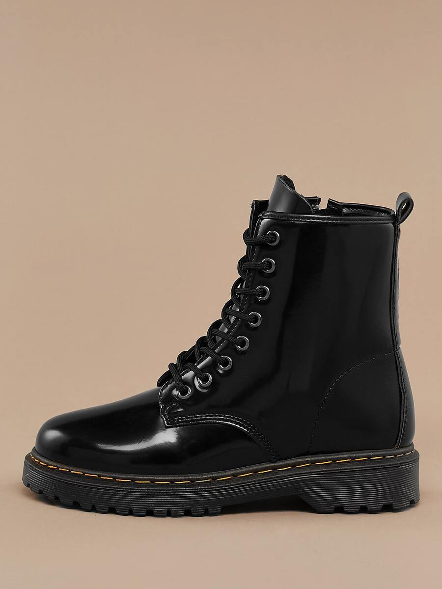 Lace Front Lug Sole Patent Combat Boots | SHEIN