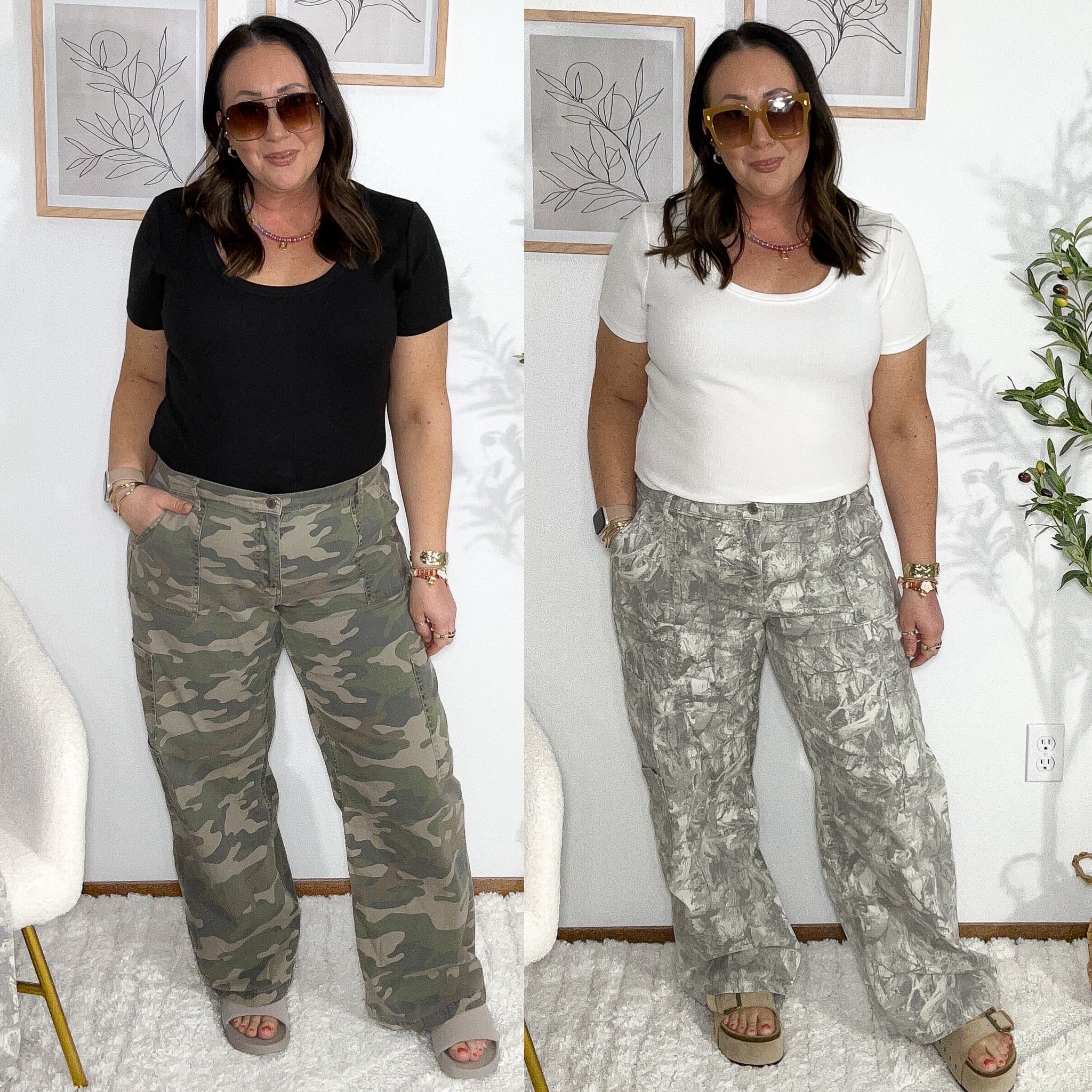 Our favorite $16.98 camo cargo pants are BACK IN STOCK! XL for the perfect fit. XL scoop neck ribbed tees are so good. Several colors available online. Sandals run true to size.

#LTKOver40 #LTKMidsize #LTKmomlife