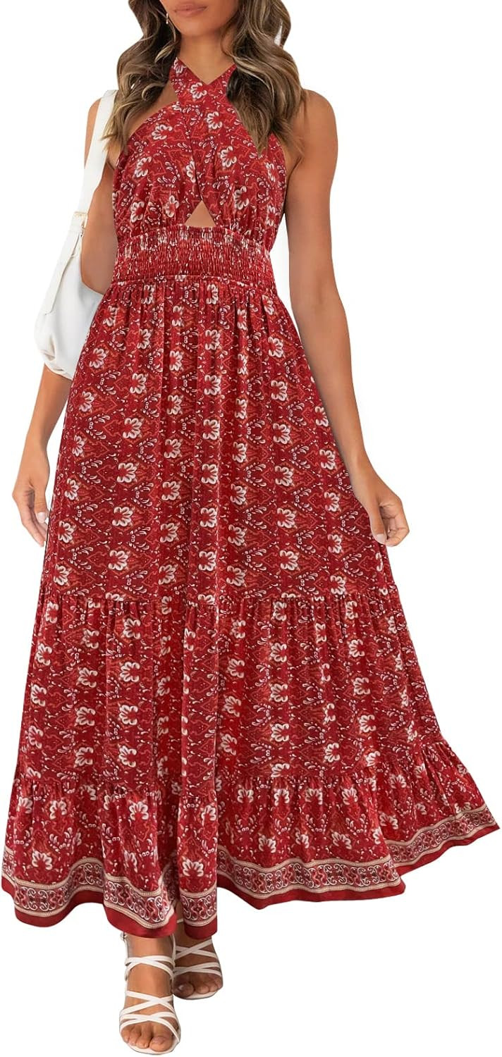 ZESICA Women's 2023 Summer Crossover Halter Neck Sleeveless Plaid Cut Out Backless Flowy A Line M... | Amazon (US)