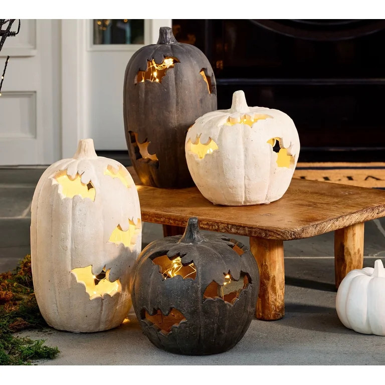 Terracotta-Effect Bat Cutout Pumpkin, Halloween LED Light Up Resin Pumpkin Lantern with Bat Hollo... | Walmart (US)