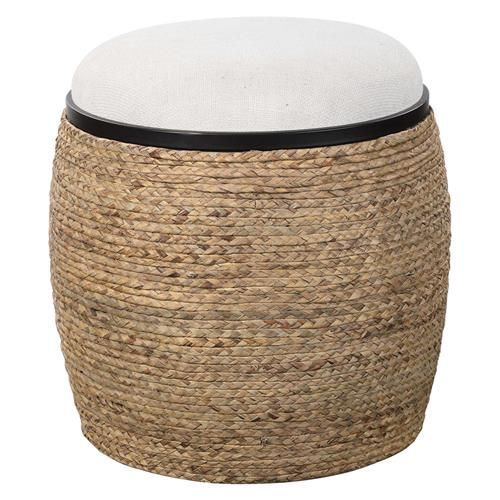 Isaiah Coastal Brown Braided Straw Black Iron Base Beige Upholstered Ottoman | Kathy Kuo Home