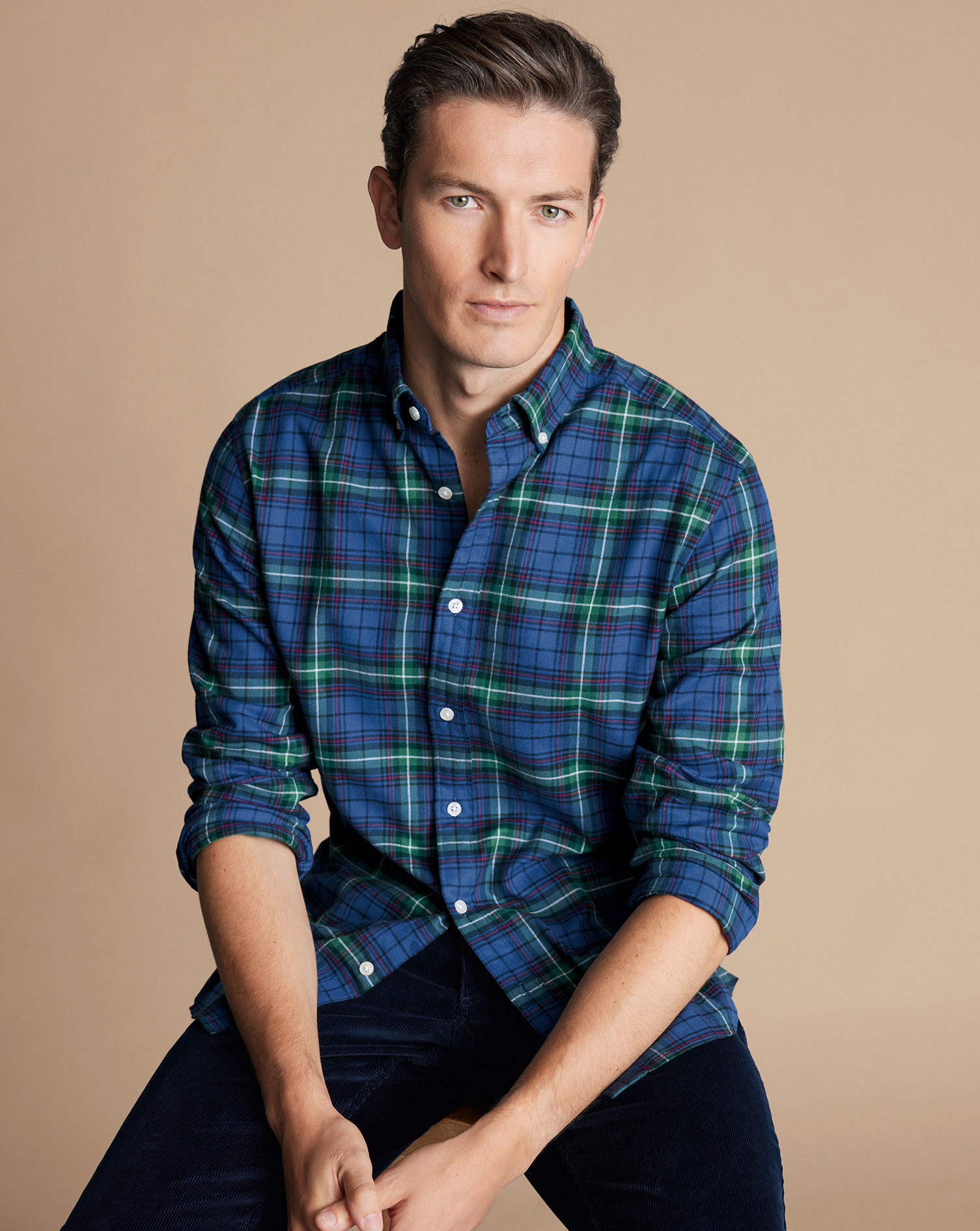 Brushed Flannel Multi Check Shirt - Green | Charles Tyrwhitt