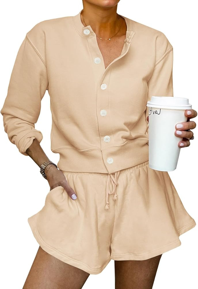 Tankaneo Womens 2 Piece Outfits Sweatsuit Button Down Tops and Shorts Casual Matching Lounge Set ... | Amazon (US)