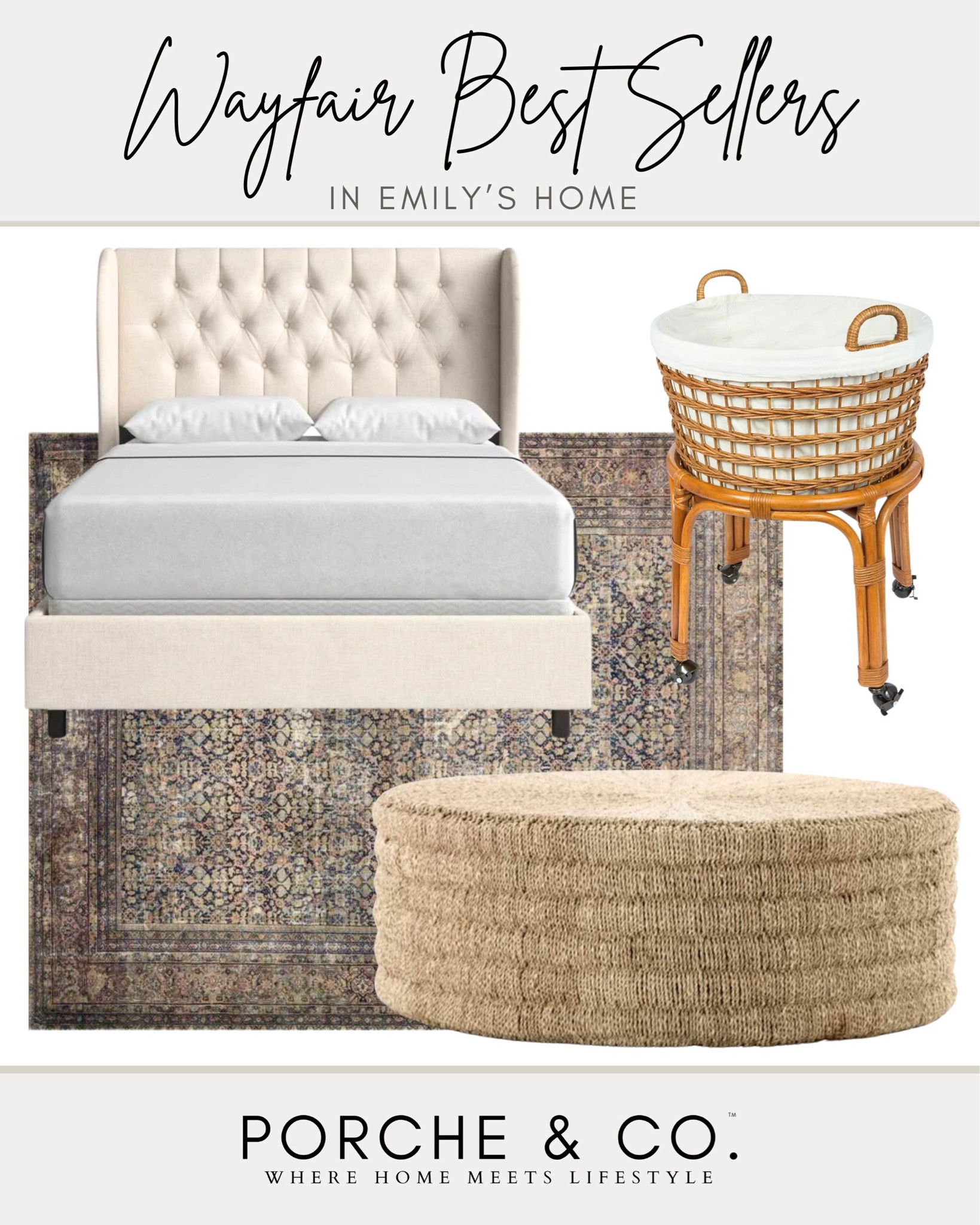 Wayfair best sellers in Emily’s home- Loloi vintage rug, woven round coffee table, rolling laundry hamper & upholstered bed from Wayfair 🏡 @wayfair #wayfair #wayfairpartner

#LTKStyleTip #LTKHome